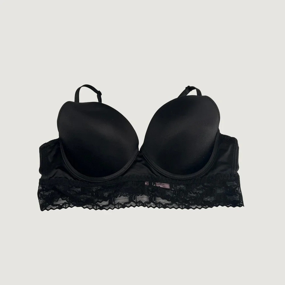 Juicy Couture Push-Up Bra Women 38C Black Lace Trim Longline Padded Underwire